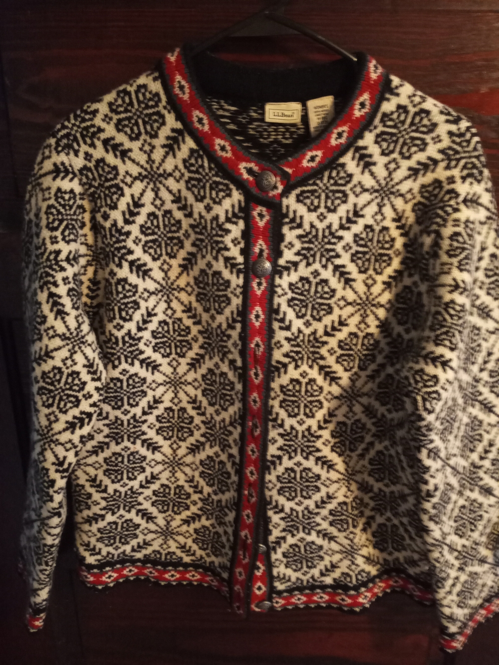 L.L.Bean Nordic Snowflake Cardigan in Cream & Black with Red Trim